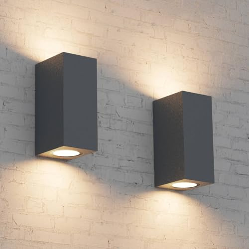 Aipsun 2 piezas Cuadrado Lámpara pared Exterior/Interior Antracita, GU10 IP65 Impermeable Luz de Pared Aplique Exterior,Aplique de exterior moderno para terraza, jardín, pasillo(sin bombilla)