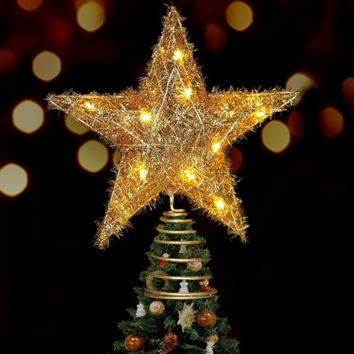 Christmas Tree Star Topper with Lights, Xmas Tree Topper Glittering Gold Hollow Stars Christmas Decorations Lighted Xmas Treetop Star for Party Home Bedroom Indoor Outdoor Lighting