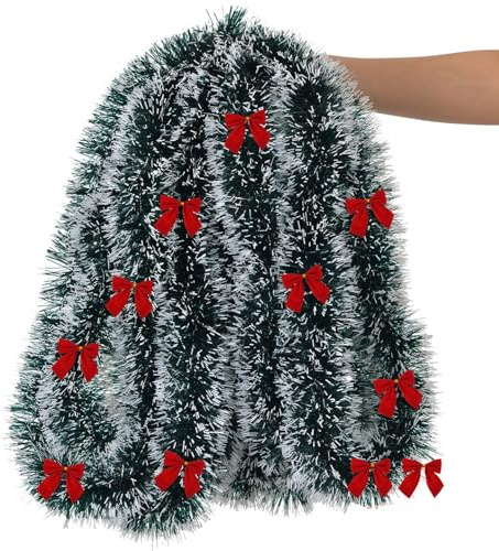 FIVMEN Weihnachtsgirlande 15M Künstliche Grün Tannengirlande mit Bogen Weiche Girlande Weihnachten Wie Echt für Weihnachtsdeko Weihnachten Deko Innen Außen, Weiß