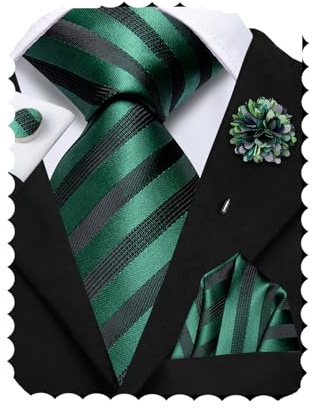 Hi-Tie Cravatta da uomo in seta e gemelli quadrati da taschino set spilla jacquard cravatta da matrimonio aziendale per formale, Verde foglia di tè nero, M