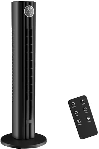 HOMCOM 28 dB tyst pelarfläkt, 8 m/s hastighet, tornfläkt för sovrum, 90,5 cm hög, 80° oscillerande, LED-skärm, fjärrkontroll, 12 hastigheter, 4 lägen, 12 h timer, svart