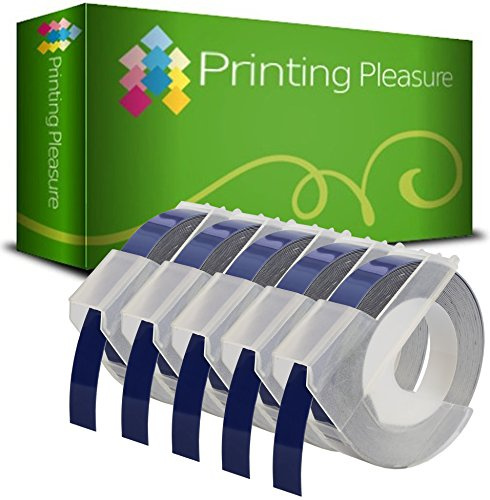 Printing Pleasure 5X Blau Prägebänd S0898140 Prägeetiketten für Dymo Junior S0717900 & Omega S0717930 Prägegeräte | 9mm x 3m | weißer Druck auf blauen Untergrund