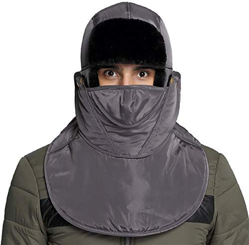 Ommda Wintermütze Ohrenklappen Wasserdicht Warme Fliegermütze Herren Damen Erwachsene Fellmütze mit Maske Kunstfell Russisch Hut für Outdoor,Deep Grey A,Freie Größe Kopfumfang: 55-58cm