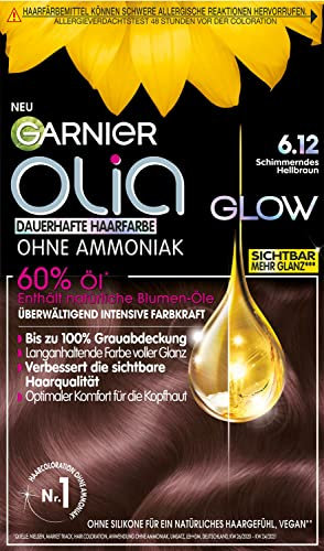 Garnier Dauerhafte Haarfarbe ohne Ammoniak mit pflegenden, natürlichen Ölen, Vollständige Grauhaarabdeckung, Olia Permanente Coloration, 6.12 Schimmerndes Hellbraun, 1 Stück