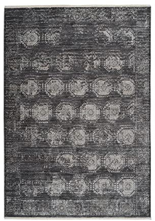 Qiyano Teppich Kurzflor - Marokkanisches Barock-Muster mit Fransen, Vintage, rechteckig, weich - Wohnzimmer, Schlafzimmer, Esszimmer - Farbe: Anthrazit, Grau, Größe: 120 x 170 cm