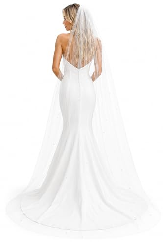 Pet-Jos Brautschleier mit Kämmen 1 Tier, Schleier mit Perlen, Wunderschönen Schleier mit Perlen Schnitt Kante Hochzeit Zubehörteil zum Braut (Elbow 63.5 cm, Hell Elfenbein)