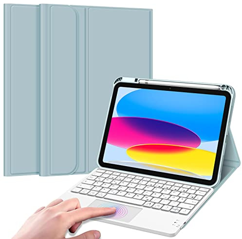 FINTIE Tastatur Hülle für iPad (A16) 11./10. Generation (11/10.9 Zoll) | Magnetisch abnehmbare deutsche Bluetooth-Tastatur mit Touchpad, weiche Schutzhülle mit Stifthalter, Eisablau