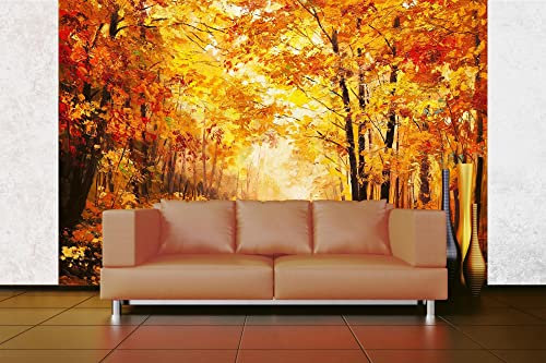 Vlies Fototapete GEMÄLDE - BUNTER HERBSTWALD 375 x 250 cm (inkl. Kleister) - Vlies Tapete, Wandtapete, Wandbilder - Tapete für Wohnzimmer Schlafzimmer, Büro, Küche - Montagefertig
