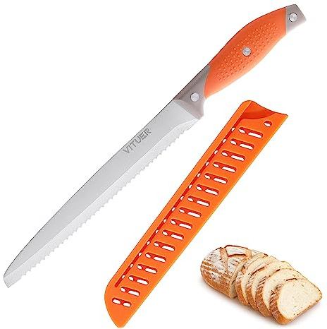 VITUER Bread Knife with Cover, 8 inch Serrated Bread Knife for homemade bread, Bread Cutter Ideal for Slicing Homemade Bread, Bagels, Cake (8-Inch Blade with 5-Inch Handle)