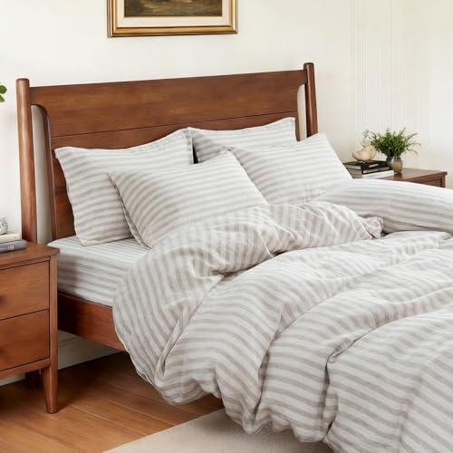 S VICTORY SYMBOL 100% Organic Linen Duvet Cover Set,Yarn Dyed Classic Beige Stripe French Natural Flax Bedding Set Queen Size,3pcs Farmhouse Comforter Cover Set