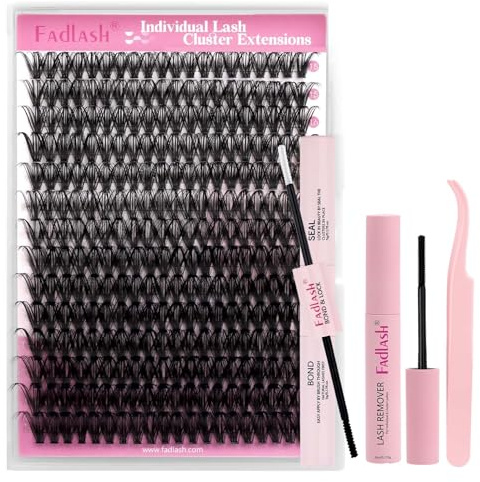 FADLASH DIY Wimpern Extensions Kit Cluster Wimpernverlängerung Kleber Bond & Seal, Blütenwimpern Entferner und Wimpernpinzette Lash Cluster Einzelne(40D-0.07D, 15-20mm, Kit)