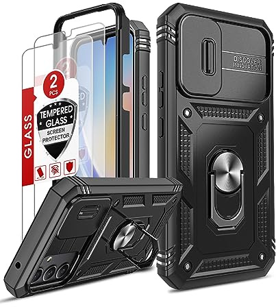 LeYi for Samsung Galaxy A34 5G Phone Case with Camera Cover Slider, Black | 2 Tempered Glass Screen Protector, Ring StHolder, 360 Full Body Tough Armour Cover Hard Heavy Duty Case for Samsung A 34