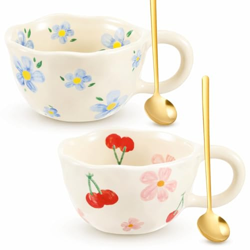 Vesici 2 Pcs Ceramic Coffee Mugs Flower Cups with Spoon Vintage Floral Mugs with Handle 8.5 oz Aesthetic Tea Porcelain Cup Gift for Valentine Office Home, Dishwasher and Microwave Safe(Lovely)