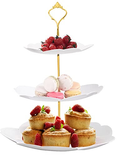 Wisebom Soporte de Tartas Torre de Pastel de 3 Niveles, Bandejas de Frutas Plástico Soporte de Exhibición de Cupcake, Blanco Torre de Servir 6/8/10 Pulgadas para Bodas Cumpleaños