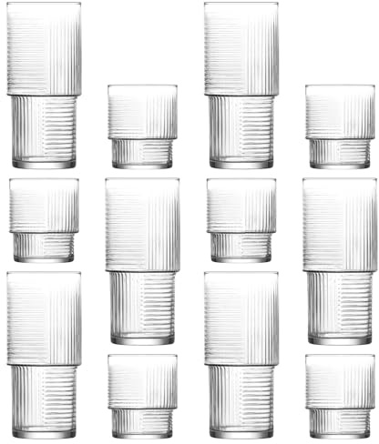 LAV 12pc Clear Helen Stacking Highball Glasses & Tumblers Set - Tall Glass Water Gin Juice Cocktail Drinking Hi Ball Tumblers Glassware Set