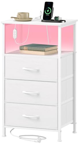 Somdot 3 Drawers Chest of Drawers for Bedroom with Charging Station and LED Light, Bedside Table with 2 Outlets and 2 USB Ports, Bed Side Table Cabinet for Dorm Kids Room Closet, White Leather