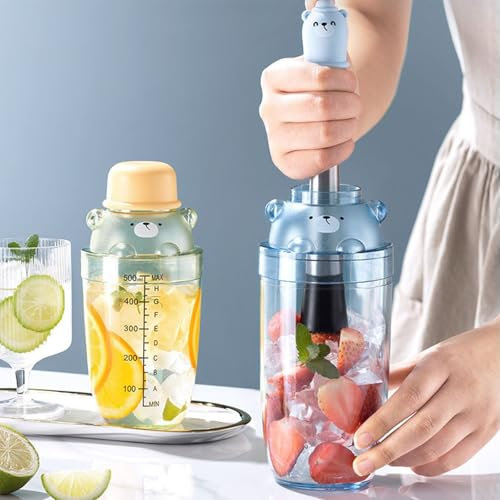 Juego de coctelera de plástico con palo triturador de hielo y taza medidora, taza mezcladora de bebidas para limonada casera, jugo, cóctel, coctelera transparente con barra trituradora de mortero