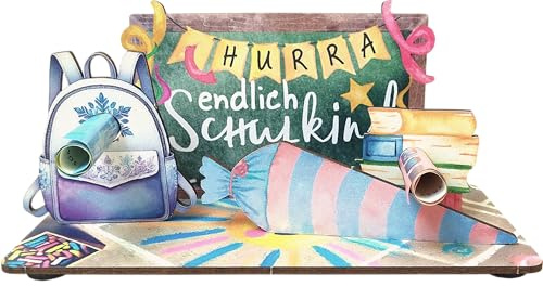 Generisch - Einschulung Mädchen Geschenk - Hurra - Schuldkind 3D-Holzkarte | Geldgeschenke, Einschulungskarte Mädchen, Einschulungsgeschenke, Schulkind 2024, Deko Einschulung