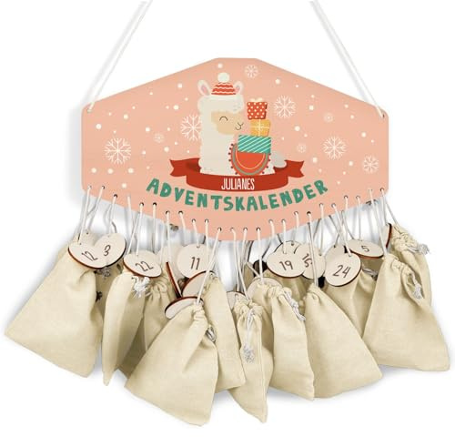 GRAVURZEILE Adventskalender aus Holz - Wintertiere - Personalisiert mit Namen - DIY Adventskalender für Kinder - Optional mit Leinensäckchen - Weihnachtsdeko für Kinderzimmer - Farbe: Lama