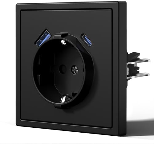 BSEED Enchufe con 20W USB C Carga Rapida,Enchufe de Pared con Garfio,Mate Enchufes Empotrable,Fácil Instalación,C-Series,1 Enchufe con 20W USB y Tipo C,80mm Negro