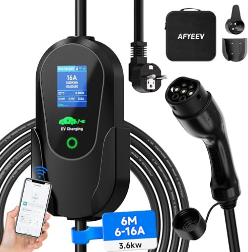AFYEEV Cavo di ricarica tipo 2 Schuko 3,68 kW, 6 m, 6 – 16 A, 1 fase, APP Enabled tipo 2, cavo di ricarica Schuko, cavo di ricarica auto elettrica tipo 2 Schuko, corrente regolabile e ricarica