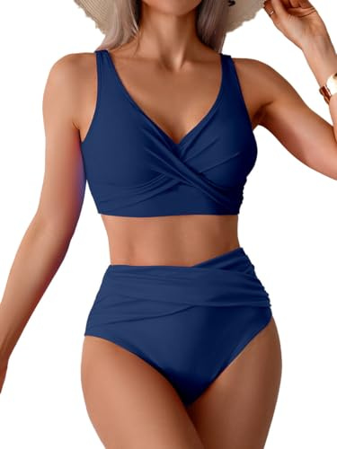 Mrkeung Bikini för kvinnor 2 delar bikiniset Push-up V vadderad krage bikini med hög midja bikini för kvinnor, Blå, L