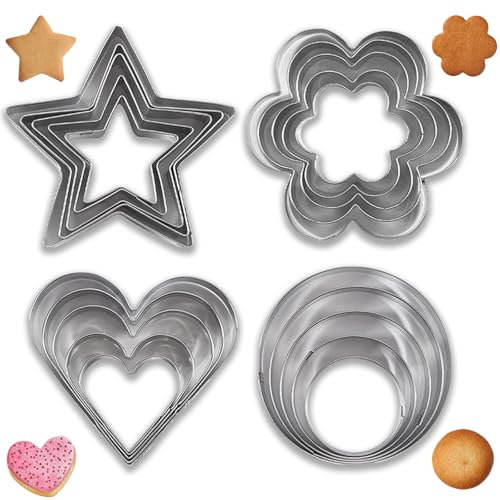 Cookie Cutters Set, 5 Pcs Star, 5 Pcs Heart, 5 Flowers and 5 Circles Cookie Cutters Set for Christmas Baking, Stainless Steel Pastry Cutters for Biscuits, Cakes, Gingerbread and Creative Shapes
