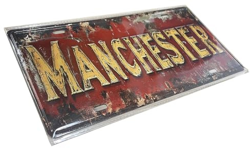 Manchester Vintage Metal Sign – Red Distressed 30x15cm Wall Plaque for Bar, Pub, Garage, Man Cave, Home Decor