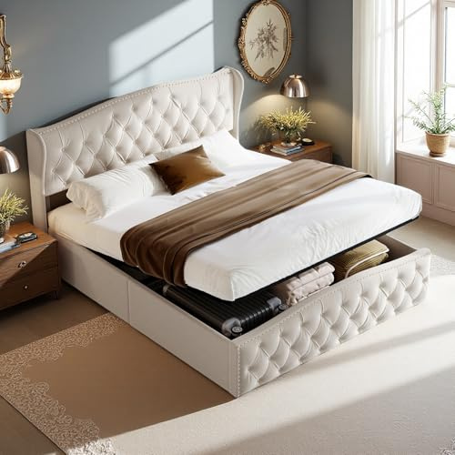 JiaOyu Polsterbett 160x200 cm, Hydraulisches Stauraumbett mit Stil und Komfort, Funktionsbett Jugendbett Inklusive Lattenrost und Modernem Kopfteil, Samt, Ohne Matratze (Beige, 160x200cm)