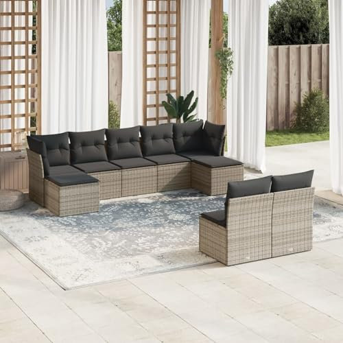 Brokky 9-TLG. Garten-Sofagarnitur mit Kissen LoungemöBel Balkon Patio Furniture Gartengarnitur Set Grau Poly Rattan / 3218270