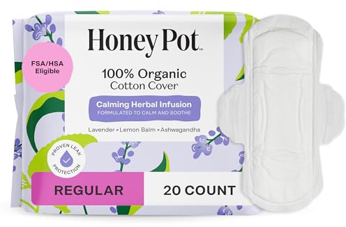 Honey Pot - Calming Herbal Regular Sanitary Pads for Women - 100% Organic Cotton Top Sheet - Feminine Care - Non Cooling - Calming Herbs of Lavender, Ashwagandha, & Lemon Balm - 20ct