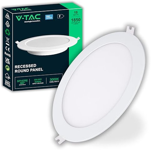 V-TAC Faretto LED da Incasso Rotondo 18W - Chip Samsung - Diametro 220 mm - 1850 Lumen - IP20 - per Soffitto, Casa, Ufficio - Faretti - Mini Pannello - Lampada - Luce Calda 3000K