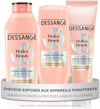 DESSANGE - Routine Cheveux Hydra-Protectrice Hydra Brush - Shampoing 280ml + Après-Shampoing 225ml + Lait Brushing 140ml - Hydrate & Protège La Fibre - Cheveux Exposés Aux Appareils Chauffants