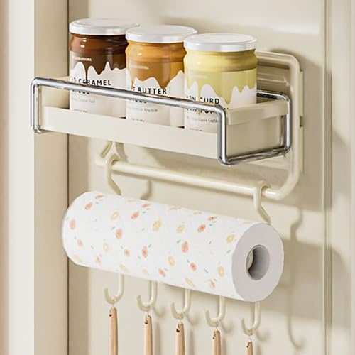Magnetisches Gewürzregal für den Kühlschrank – Küchenorganizer mit Rollenhalter, Haken Multi-Funktionale ohne Bohren Regal (Weiß, 30x13x29.5cm)