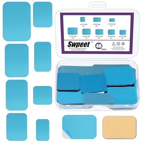 Swpeet 48 pezzi, 8 misure, quadrate, sotto l'armadio, strisce magnetiche con riserva adesiva, strisce magnetiche di ricambio, luci per armadio, strisce di metallo, non magnetiche