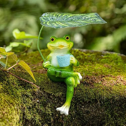 JUCHRZEY Figura di rana decorazione da giardino realizzato in resina, statua esterna resistente alle intemperie, decorazioni mini stagno for pentole e balconi, impermeabili (bere al caffè)