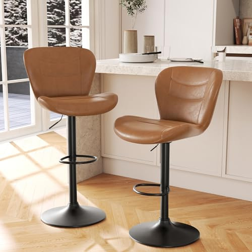 YUUIJOAA 2er Set Barhocker, Barhocker Höhenverstellbar mit Rückenlehne und Fußstütze, 360° Drehbarer Barstuhl mit Lehne, PU-Leder, Barstuhl für Küche,Bar, Esszimmer, Braun