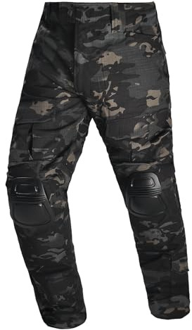 LOONG FLAG CLAN Tactical Pant with Knee Pads Multicam Pants Combat Rip-Stop Trousers Airsoft Hunting Pants (US, Alpha, X-Large, Regular, Regular, Black Camouflage)