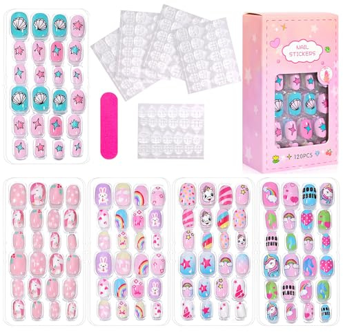120PCS Stick on Nails False Nails for Girls Cute Pink Fake Nails for Girl Short Press on Nails with Stickers Full Cover Fingernail Lovely Gift for Girls Nails Art Decoration (Style3)