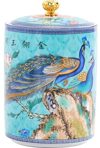 Chinese Ceramic Peacock Enamel Storage Jars with lids, Tea Caddy, for Tea, Coffee, Spices and Sweets(Green,L)