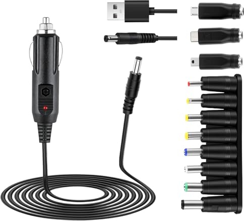 Universal 12V Car Charger, DC 12V Car Charger + 5V DC Power Cable with 11 Connectors for DVD Player, GPS, Camera, Bluetooth Speakers, Computers Telescope, Strip Lights, Air Compressors