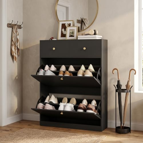 YOURLITE Schuhschrank Schmal mit 2 Klappen,2 Schubladen,80x24x106cm,Schwarz | Platzsparender Schuhkipper Holz,Schuhkommode,Trennwand Verstellbar,Schuhregal,für Flur,Eingang,Diele,Wohnzimmer
