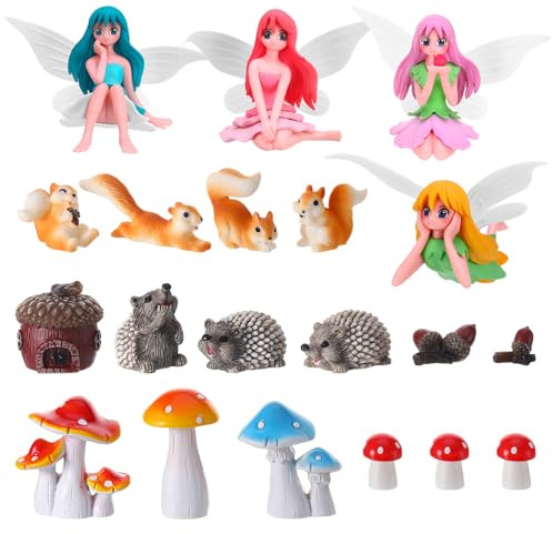 Vyuwast 20 Pcs Fairy Garden Accessories Outdoor Garden Ornaments | Mini Resin Fairy Squirrel Pine Cone Hedgehog Mushroom Figures, for Plant Pots Dollhouses Terrariums Desk and DIY Crafts