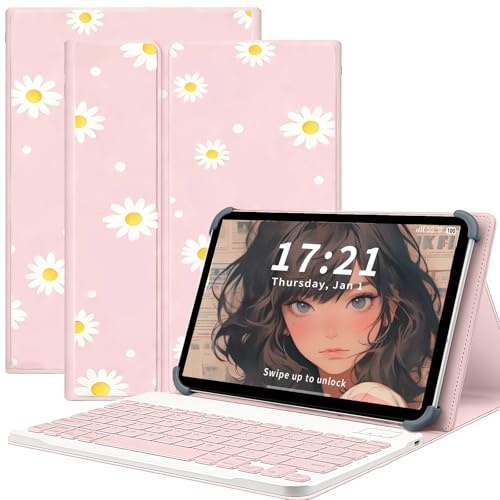 Vizbloc Funda para tablet DEERTIME E9 de 10.1 pulgadas con teclado desmontable, 2 en 1, piel sintética, a prueba de golpes, con soporte ajustable para estudiantes y uso en la oficina (margarita blanca