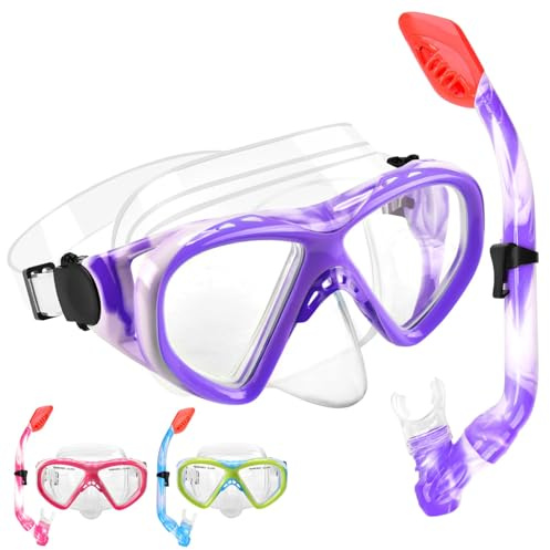 Schnorchelset Kinder, Taucherbrille Kinder mit Schnorchel Anti Leck Anti Fog HD Tauchmasken Dry Schnorchel für 4-13 Jahren Jungen Mädchen