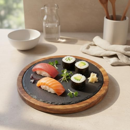 Santa Clara | Bandeja de Pizarra Redonda con Base de Madera Acacia 23x1,5cm, Fuente de Servir Comida Gourmet para Postres, Aperitivos y Quesos, Bandeja Presentación para Cocina