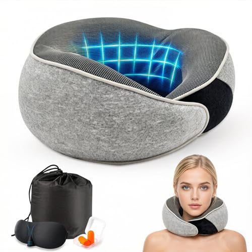 Coussin de Voyage, Oreiller de Voyage en Mousse Mémoire Coussin Avion Ergonomique avec Masque de Sommeil, Bouchons d'Oreilles et Sac Transport Oreiller de Vol Réglable et Compact pour Avion, Train