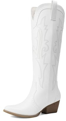 DREAM PAIRS Women's Western Knee High Cowboy Boots | Embroidered Pointed Toe Block Chunky Heel Pull-On Cowboy Boots Cowgirl Tall Boots for Women