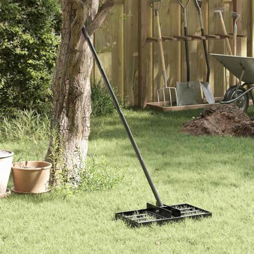Runheo Rastrillo de nivelación de jardín de acero con recubrimiento en polvo negro, cabeza ajustable, 45 x 25 x 200 cm, mango ergonómico, multifuncional para hojas, hierba, bancal, césped y terraza en