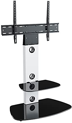 MAHARA Universal Column TV Stand - for 32 to 65 inch TVs-Freestanding white tall floor stand with curved black glass shelves and cable management-Height adjustable & fits in corners-Max Weight 40kg